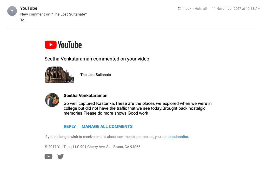 An email notification from YouTube about a new comment.