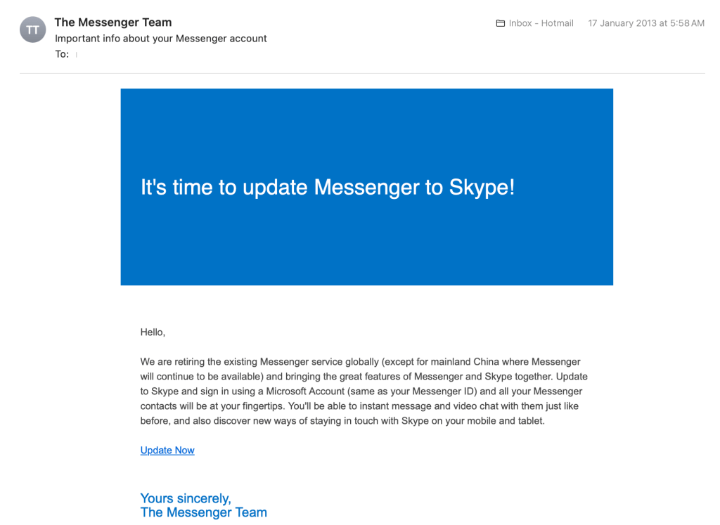 An email notification from Microsoft, encouraging users to switch from Messenger to Skype.